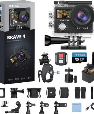 AKASO Brave 4 Action Camera 4K 30fps with 64GB MicroSD U3 Card Bicycle Helmet Accessories Kit Bundle, 20MP Ultra HD 131FT Waterproof Underwater Camera EIS WiFi Remote Control 5X Zoom Sport Cameras