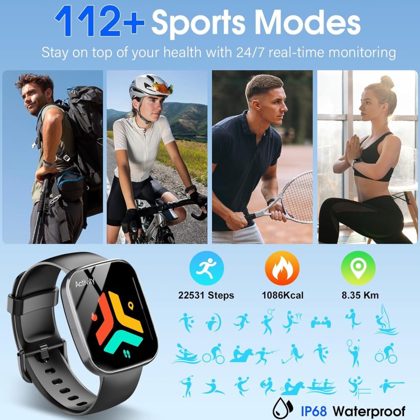 Smart Watch, 1.91" HD Screen Smartwatch for Men Women(Answer/Make Call), Fitness Watch with Heart Rate/Sleep Monitor/Steps Monitor, 110+ Sports Modes, IP68 Waterproof Activity Trackers, Black - Image 4