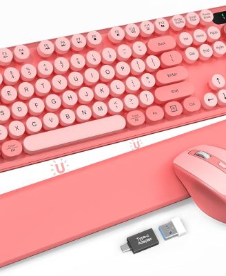 Wireless Keyboard and Mouse - Cute Typewriter Keyboard with Detachable Wrist Rest, Retro Round Keycaps, Foldable Legs, 2.4GHz Full-Size Keyboard Combo for PC, Laptop, Windows - Trueque (Colorful-Pink)